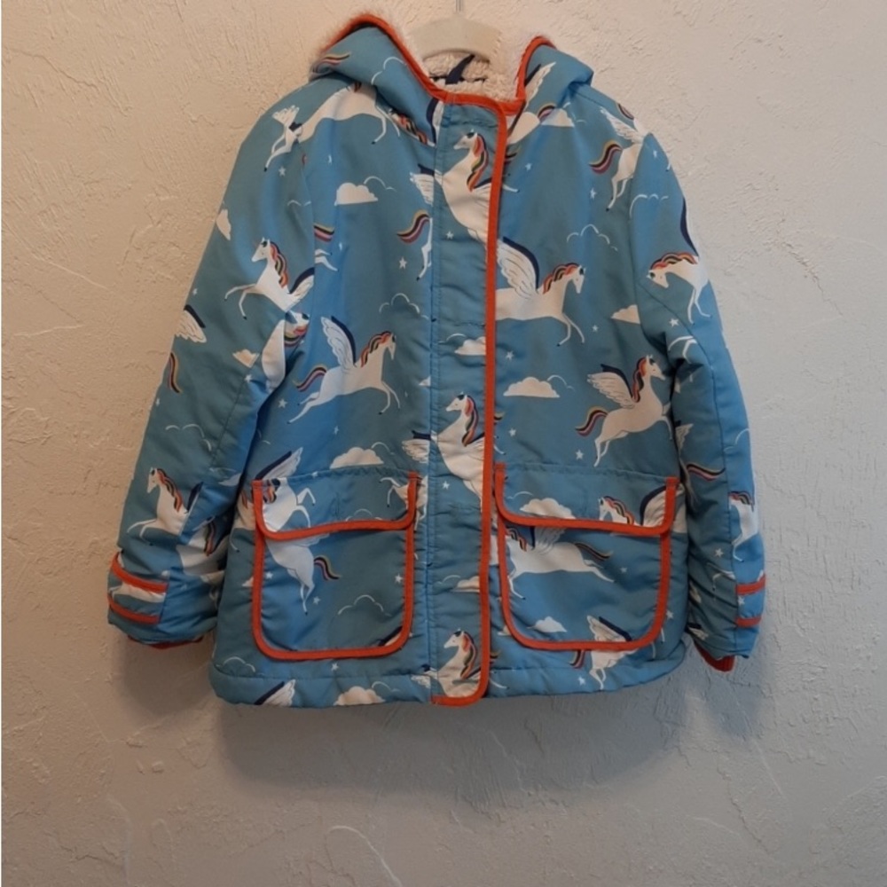 Mini Boden Pegasus Rainbow Sherpa Lined Coat 6-7